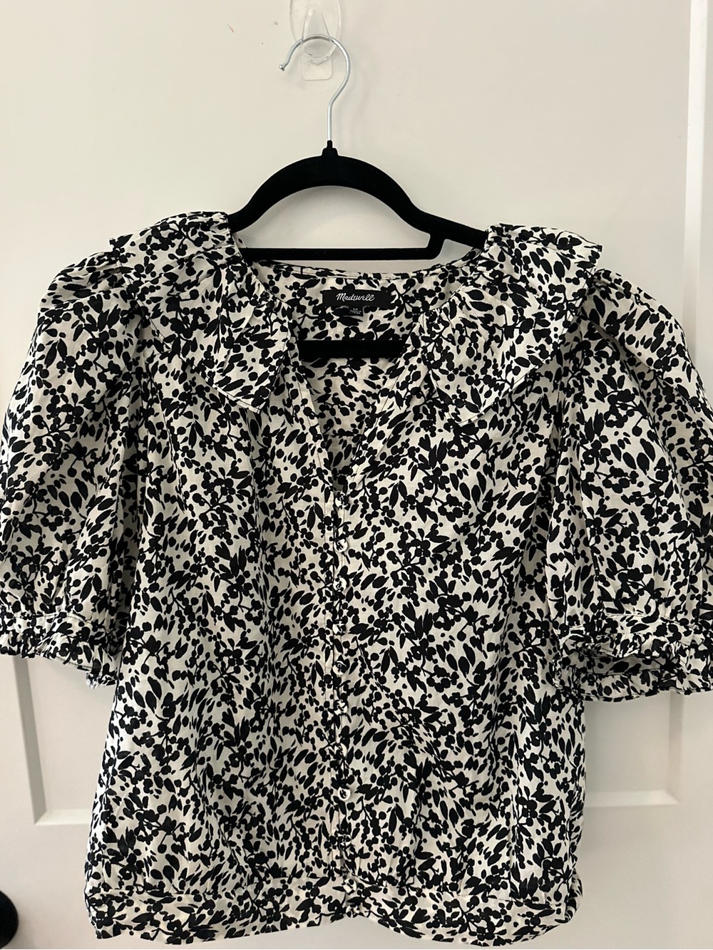 Madewell Black & White Floral Puff-Sleeve Ruffled Blouse Peter Pan Collar - M